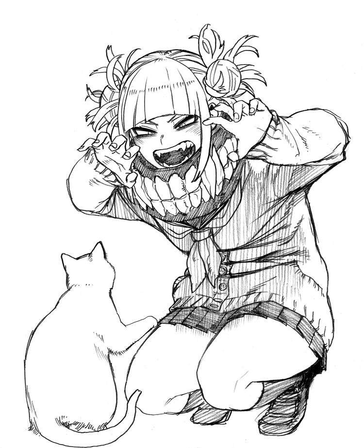 a black and white sketch of toga himiko from my hero academia crouching down and making a playful scary face in front of a cat.