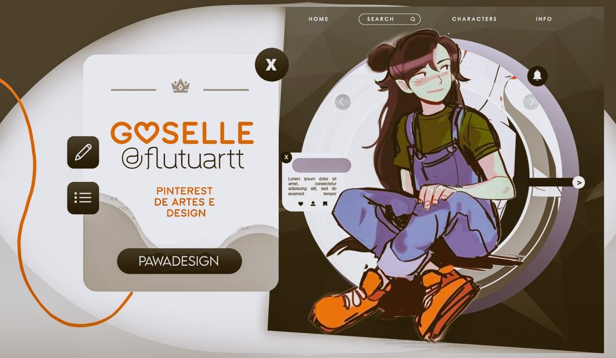 the image is a digital illustration of a female anime character. she has long brown hair, wears overalls and a green shirt, and is sitting on a white circle with a gray background. the image also includes a website banner with a logo, social media icons, and text about art and design. the banner is in a modern style with geometric shapes and bright colors.
