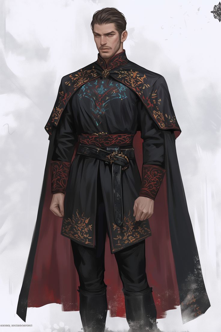 the image is a digital painting of a fantasy character, a male figure dressed in richly detailed and ornate clothing. he wears a long, darkcolored robe with red and gold embroidery, a cape, and a belt. the style suggests a high fantasy or royal setting.  his expression is serious, and his pose is stately. the background is a muted greywhite, focusing attention on the figure and his elaborate attire. the overall style is realistic, with careful attention to detail in both the character's features and his costume.