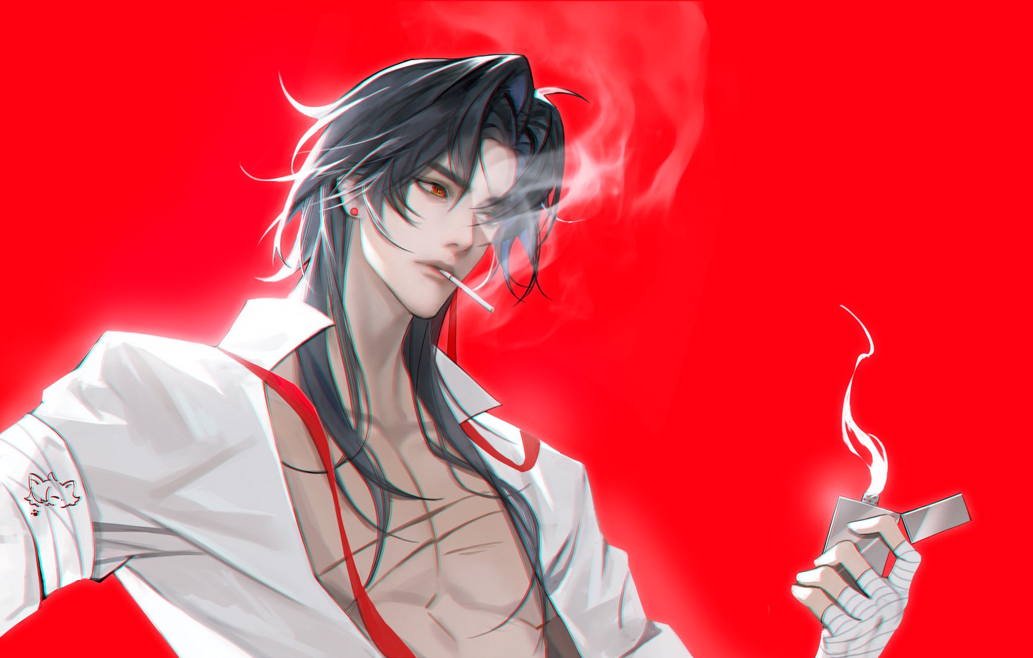 a man with long black hair is smoking a cigarette in a white shirt. his left hand is bandaged and he is holding a lighter. the background is red.