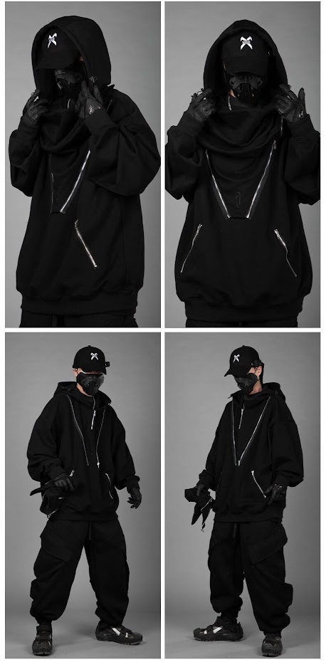 the image shows four different models wearing the same black outfit. it features a hooded jacket with a zipper that goes all the way down the front. the jacket is paired with black cargo pants, black sneakers, a black cap, and black gloves.  the models are all wearing a black face mask, which is common in streetwear fashion. the outfit is styled in a way that is both edgy and practical. it would be perfect for a night out in the city or a day out exploring.