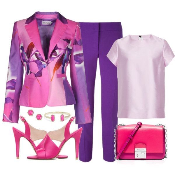 the image showcases an outfit consisting of a pink and purple floral blazer, purple pants, a light pink blouse, pink pumps, a pink handbag, earrings, and a bracelet.