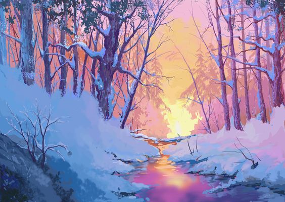 the painting showcases a serene winter scene at sunset.  a snowcovered forest path gently descends towards a stream, its surface reflecting the warm hues of the setting sun.  tall, snowdusted trees line the path, their silhouettes stark against the vibrant sky. the overall atmosphere is one of peace and tranquility.
