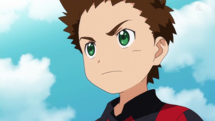 a closeup shot of a young anime boy with brown hair and green eyes. he is looking away, and he has a serious expression on his face. he is wearing a red and black shirt, and the background is a blue sky with white clouds.