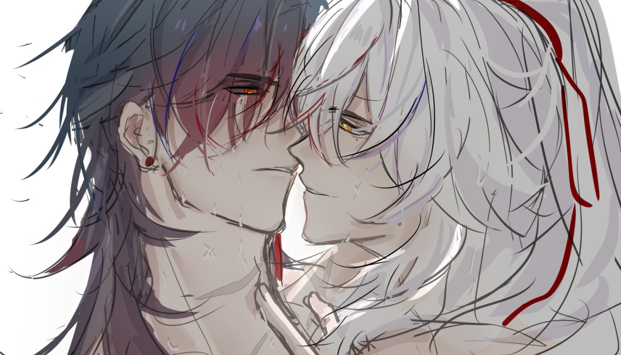 the image shows a closeup portrait of two anime boys, one with black and red hair and the other with white hair. the boys are drawn in a stylized manga art style and are leaning towards each other with their lips almost touching. the boy with the black and red hair is on the left, and the boy with the white hair is on the right. their expressions are intimate, suggesting a romantic or passionate moment. the background is mostly white, allowing the focus to remain on the characters. the drawing is detailed and expressive, capturing the emotion and intimacy of the moment.
