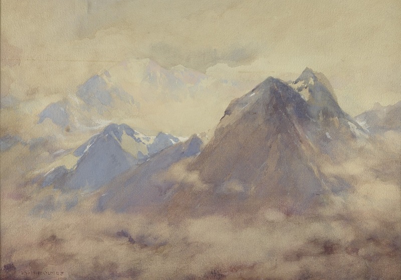 a watercolor painting by wl holmes dated 1910 depicts a mountain landscape with prominent peaks shrouded in fog and clouds. the sky is a pale, overcast color. snow is visible on some of the mountain tops.