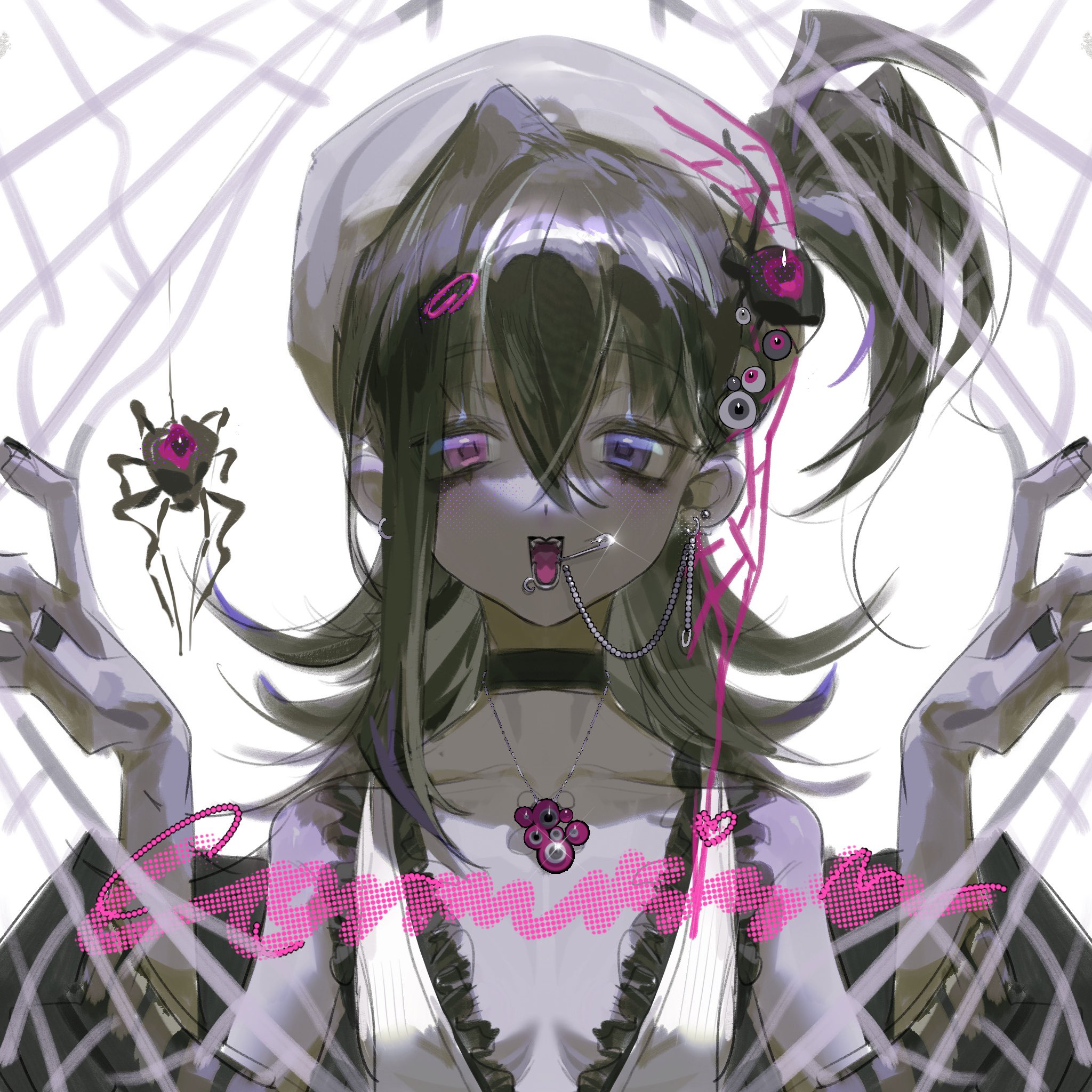 this animestyle illustration features a girl with long black hair and a spiderweb design surrounding her. she's wearing a black and white dress with a spider choker necklace and dangling spider earrings. her eyes are dark and intense, and she has a pink tongue piercing.  a large spider is hanging from the web in the upper left corner of the image. the illustration has a dark and gothic aesthetic with a focus on detail and texture.