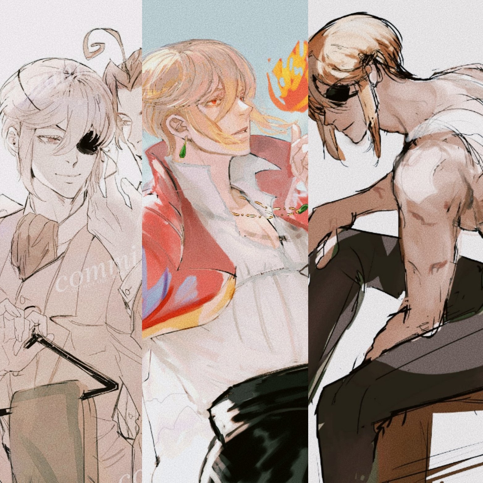 the image features a collage of three anime characters. the image on the left is of a male character with white hair and a dark eyepatch.  the image in the center is of a female character with long, flowing blonde hair with a pink and white jacket.  the image on the right is of a male character with short blonde hair who is wearing a white shirt and black pants.