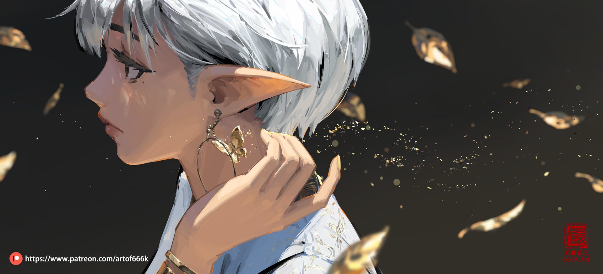 the image is a digital painting of an elflike character with white hair and pointed ears. the character is depicted from the side, their face partially obscured, and their hand is touching their neck. they are wearing a blue and white shirt with gold details and gold jewelry, including butterfly earrings. the background is dark, with golden particles floating around the character, suggesting a mystical or ethereal atmosphere. the overall style is elegant and graceful, with a focus on the character’s serene expression and the flowing movement of the golden particles. the artwork has a professional and sophisticated feel.  there's a patreon watermark indicating the artist's online presence.