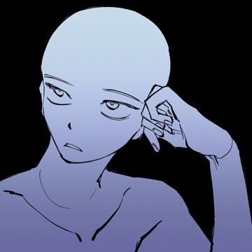 this is a drawing of an anime character. the character has a large head, and their face is drawn in a simple style. the character is looking down and has a hand near their ear. the character is wearing a plain shirt. the drawing is done in black and white.