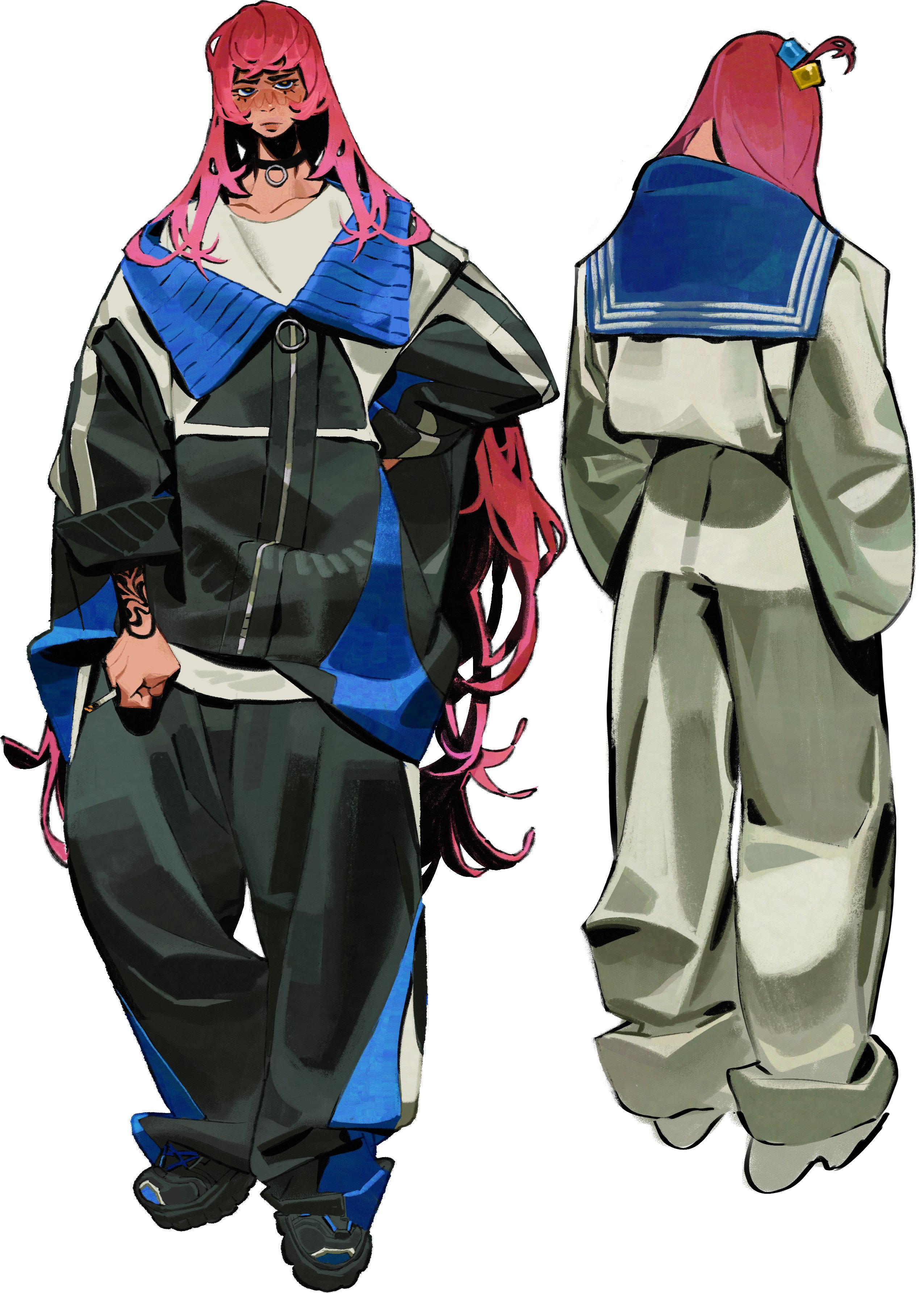 he image showcases a character design of a young woman in two different outfits.  the first outfit is a streetwear style featuring a darkcolored jacket with blue and white accents, dark pants, and chunky shoes. her hair is long and bright pink.  the second outfit is a lightercolored, almost loosefitting jumpsuit with a distinctive blue sailor collar.  both outfits showcase the same long, vibrant pink hair, which is styled slightly differently in each view. the art style is stylized anime or mangainfluenced, with bold lines and slightly exaggerated features. the character's expression in the first view suggests a somewhat stoic or serious demeanor. the background is plain white, focusing attention entirely on the character and their clothing.
