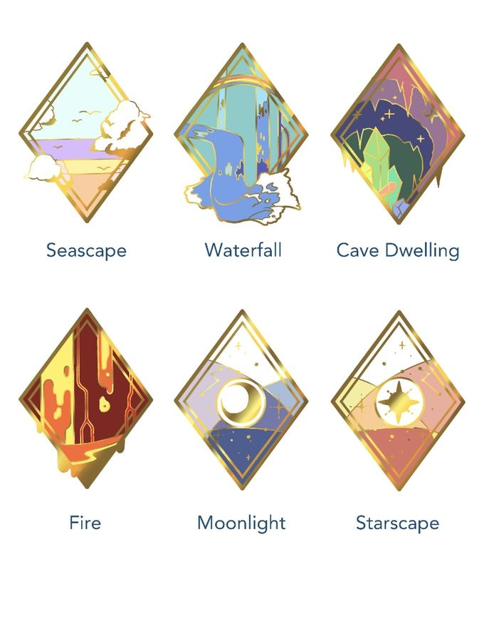the image displays six diamondshaped pins with gold frames, each representing a different natural landscape or element. from left to right, top row: a "seascape" pin depicting an ocean horizon with clouds, a "waterfall" pin showcasing a cascading waterfall, and a "cave dwelling" pin with cave formations and crystals. bottom row: a "fire" pin with flowing lavalike shapes, a "moonlight" pin featuring a crescent moon against a night sky, and a "starscape" pin with a star in a celestial scene. each pin is labeled with its corresponding name below.