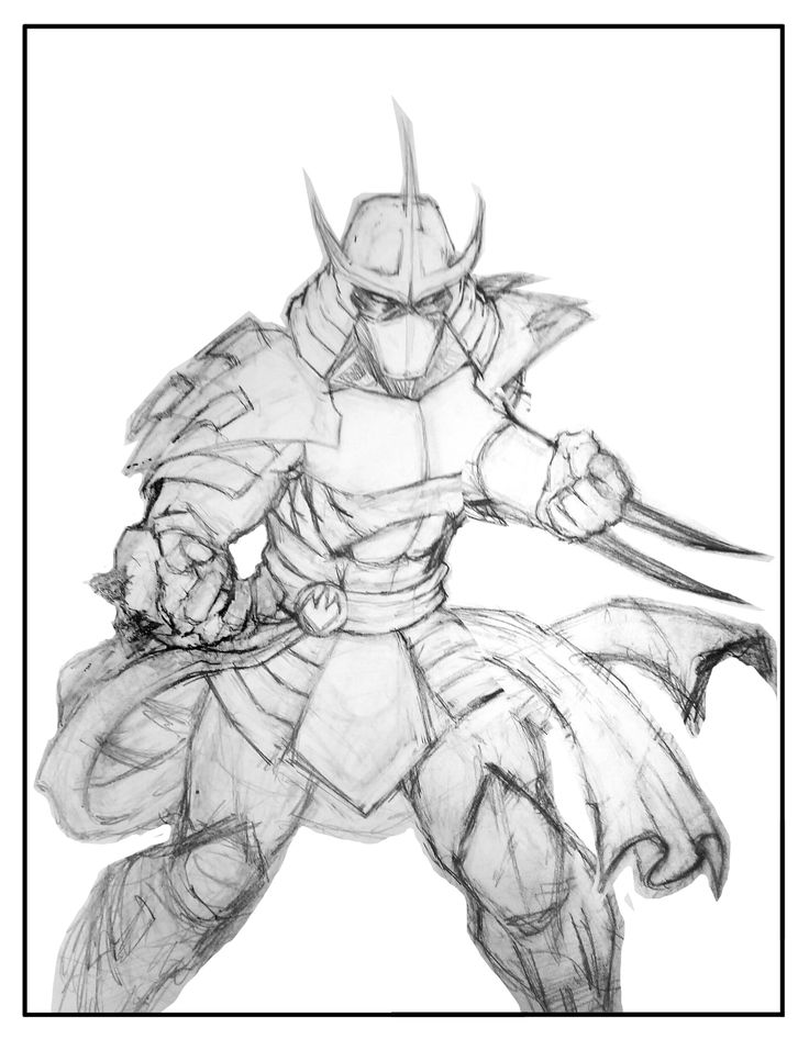 a sketch of the shredder, the villain from teenage mutant ninja turtles, in a fighting pose. he is wearing his iconic armor and has his katana drawn.  this sketch is done in black and white, making it a very detailed and realistic drawing.