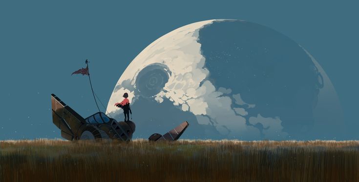 the image shows a lone pilot standing on the wing of their crashed spaceship in a field of tall grass. a giant, pale moon dominates the sky, casting a warm, ethereal glow over the scene. the spaceship is battered and worn, with a tattered red flag attached to its side. the pilot, silhouetted against the setting sun, is looking out towards the horizon, conveying a sense of solitude and the vastness of space. the overall atmosphere is one of quiet desolation and the promise of adventure.