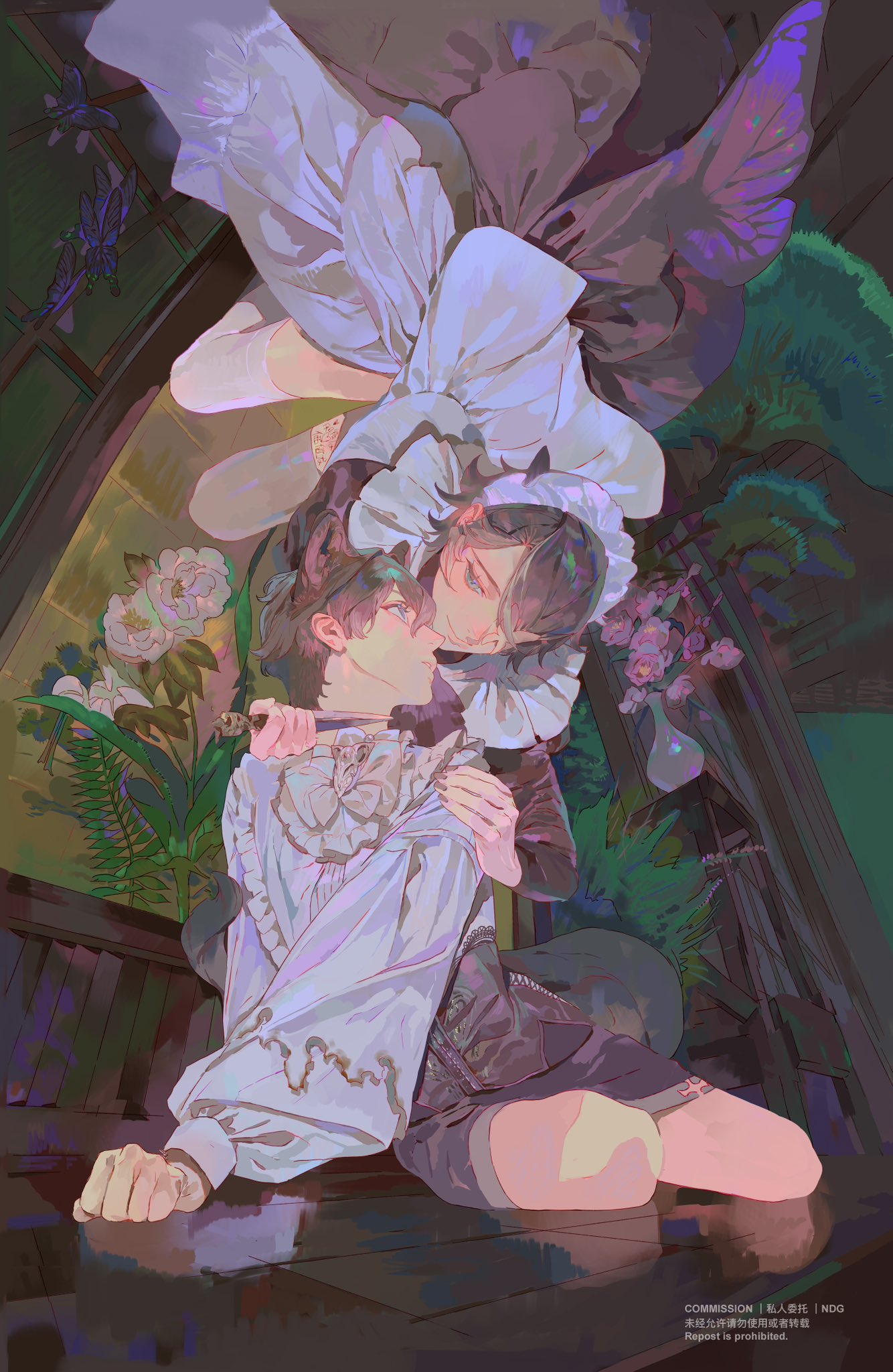 an animestyle drawing depicts a couple in a room. one person, dressed as a maid with a frilly white dress and matching headwear, is holding a knife to the other person's neck. the second person, who is wearing a white shirt with ruffles and black shorts, looks at the maid. there are flowers and green plants around the couple.