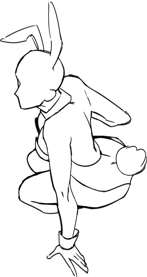 this is a black and white line drawing of a bunny girl. the bunny girl is crouching down with her head tilted to the side and her arms down. her left hand is out in front of her. she has bunny ears and a tail.