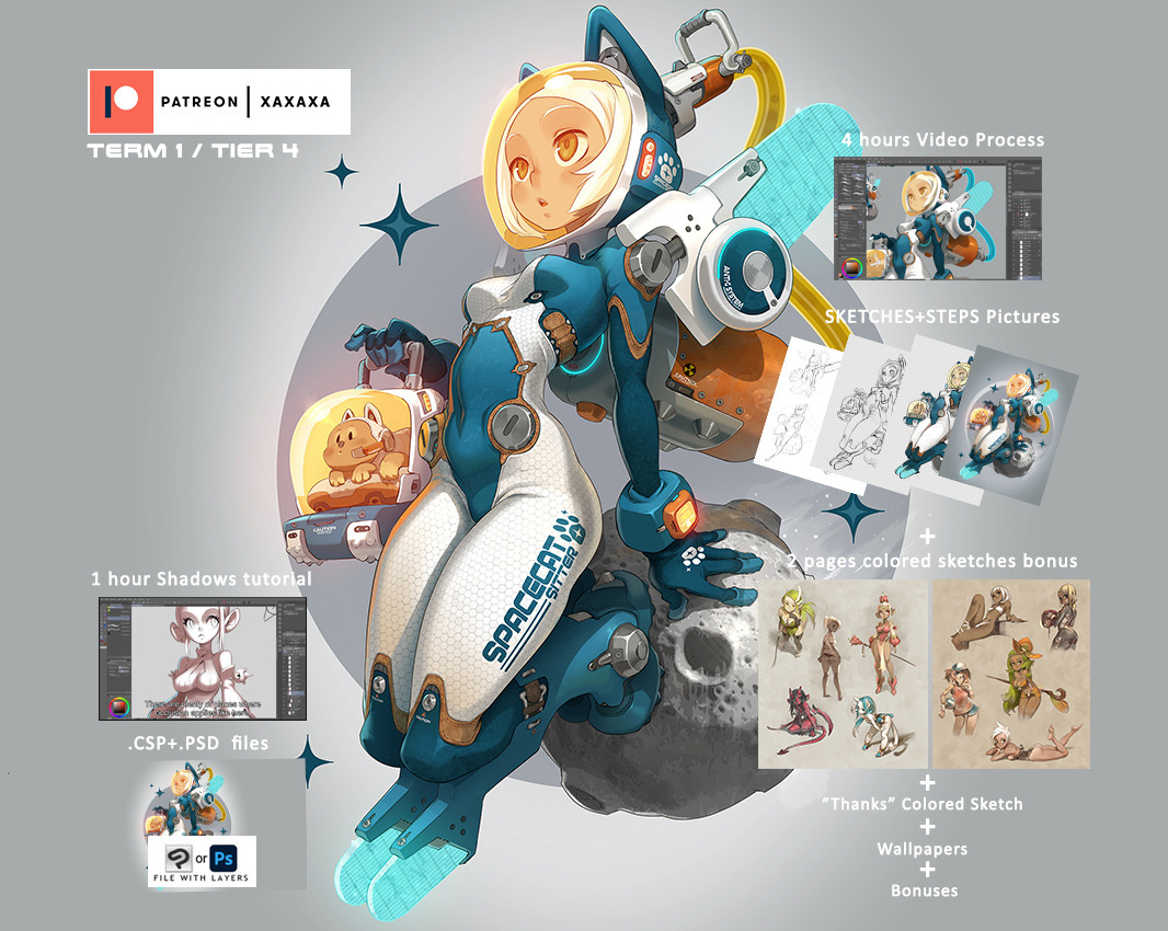 this is a digital illustration of a cute anime girl in an astronaut suit with cat ears. she has a spaceship strapped to her back. she's holding a small cat in a helmet in her hand. the art is done in a scifi, cyberpunk style. this artwork is available as a reward on patreon.