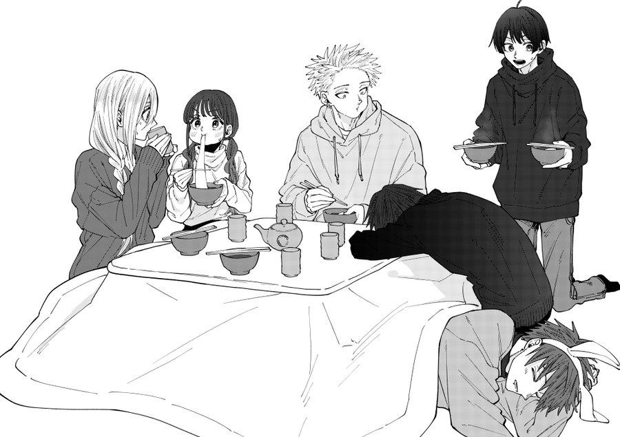 he image is a black and white mangastyle illustration depicting a group of young adults gathered around a low table, or kotatsu, covered with a thick blanket.  they appear to be eating or drinking from bowls and cups. one person is lying down asleep on the kotatsu. the scene is warm and cozy, suggesting a winter setting. the art style is clean and expressive, capturing the characters' personalities and the relaxed atmosphere. the overall mood is peaceful and friendly.