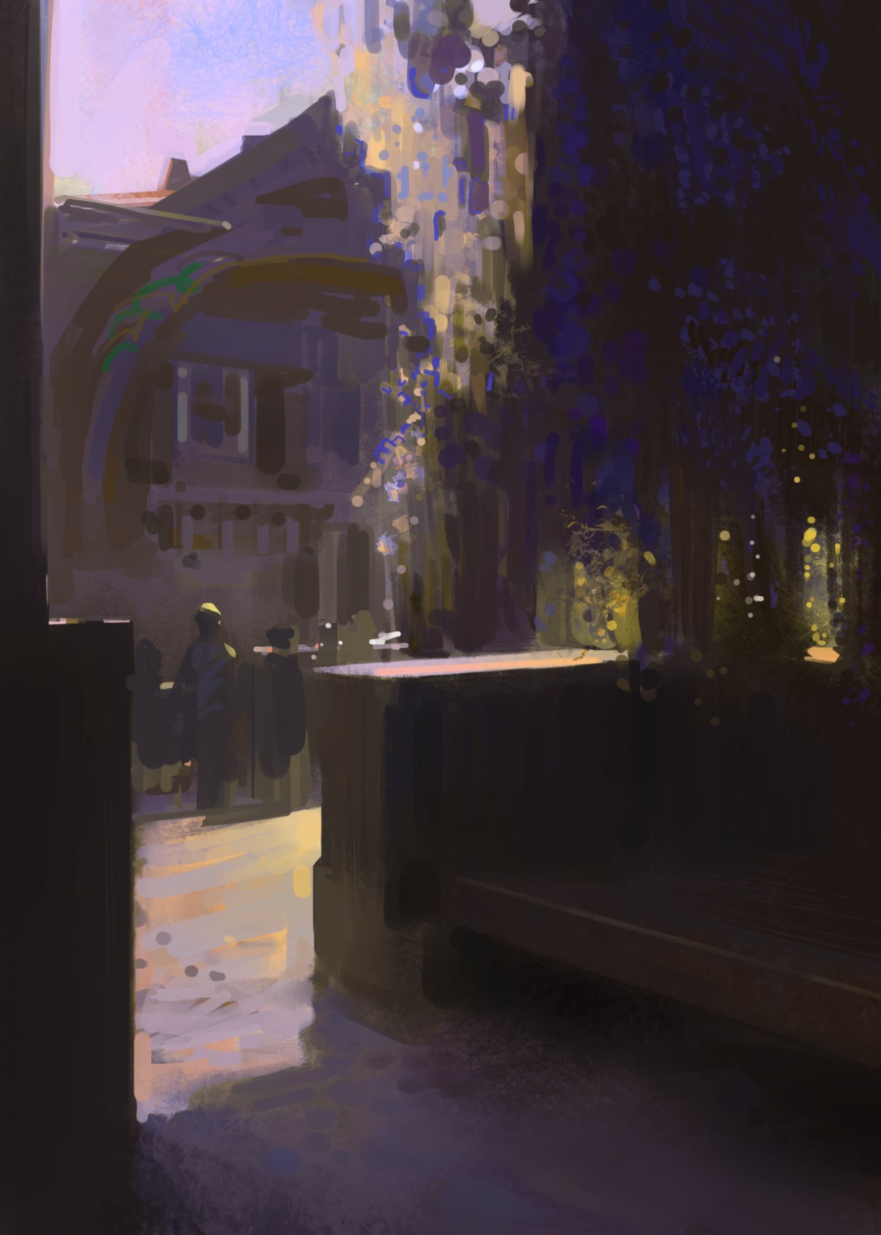 an image of a shadowy alleyway with a brick wall, a bench, and a building with a window at the end of the path. the image is rendered in a style that evokes a sense of mystery and intrigue. the colors are muted and the lighting is soft and diffused, creating a sense of depth and atmosphere. the image suggests a quiet and secluded place, perhaps a hidden escape from the hustle and bustle of city life.