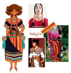the image showcases a digital illustration of a woman dressed in vibrant kabyle attire, a traditional style from the berber people of algeria in north africa. the artwork is set against a collage of reallife images depicting details of kabyle clothing and jewelry. the central figure, drawn with expressive eyes and flowing hair, models a richly decorated dress, a woven belt, and elaborate silver adornments. the accompanying photos offer a closer look at the intricate embroidery, the vibrant color palettes, and the heavy silver jewelry characteristic of kabyle heritage. one photo captures a woman's stoic expression adorned with a forehead ornament, highlighting the cultural significance of these pieces. the overall image is a celebration of kabyle artistry and cultural identity, using both illustration and photography to convey the richness and beauty of this north african tradition.