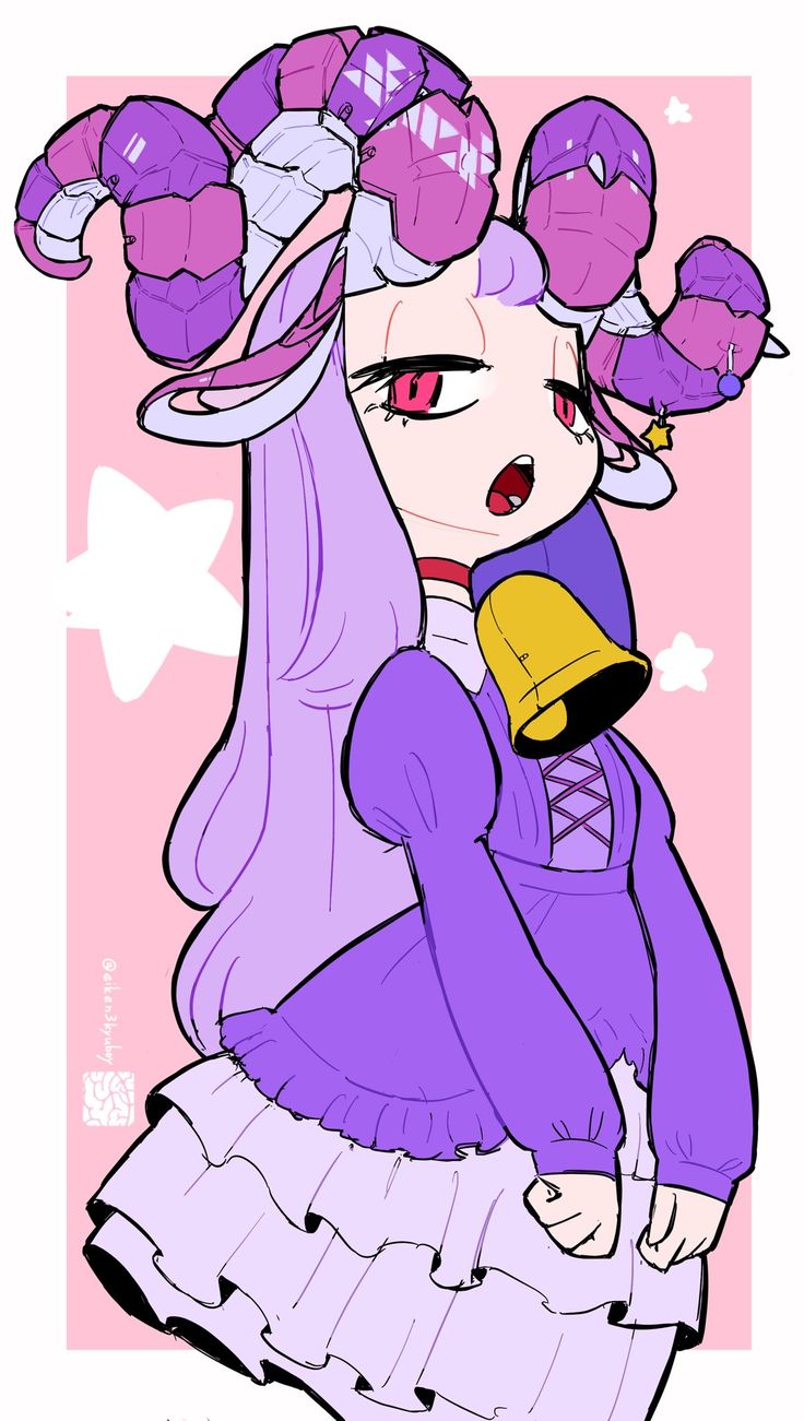 a digital illustration of a cute anime girl with horns and a purple dress. the girl is holding a bell in her hand and has a surprised expression on her face. the background is a pink and white gradient.