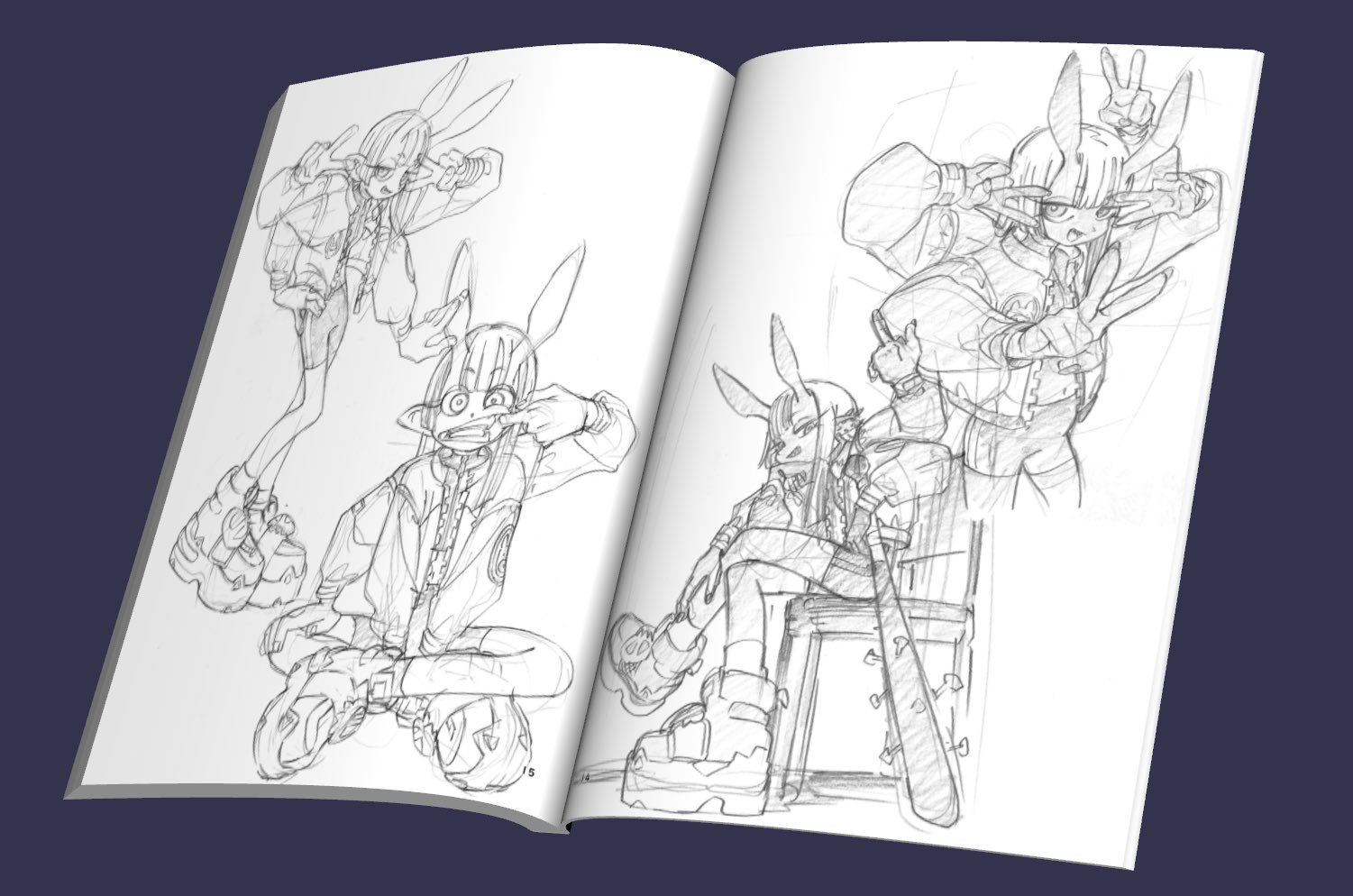 a spread of a sketchbook open to a page of pencil sketches. the sketches are of the same female character with bunny ears wearing a jacket, shorts, and boots in various poses. the left page shows three sketches of the character in standing poses. the right page shows two sketches: one of the character sitting on a stool with a baseball bat leaning against it, and another of the character making a peace sign with her hand in front of her face. the sketches are all drawn in a dynamic and expressive style with bold lines and hatching.