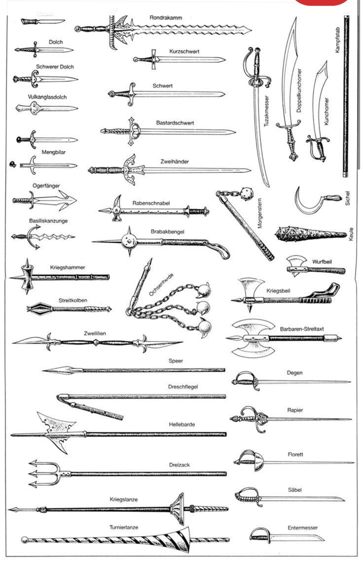 the image is a detailed illustration of a collection of medieval weapons. there are over 30 weapons depicted, including swords, daggers, axes, spears, staffs, and polearms. each weapon is labeled with its name in german. the illustration is in black and white and is drawn in a detailed and realistic style. the image is wellsuited for use in a historical, fantasy, or gaming context.