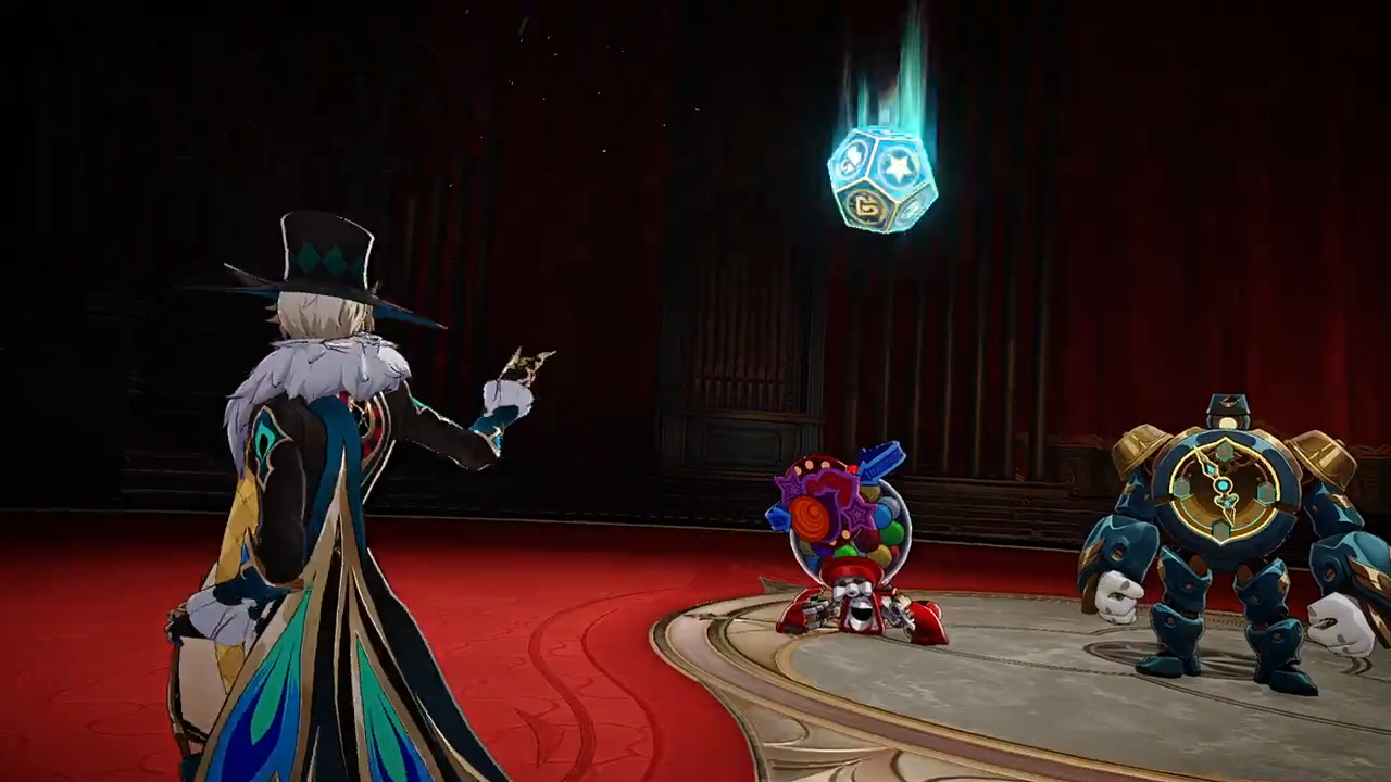 a video game scene with three characters in a fantasy arena, where the main character is a young man with a top hat, fighting a clockwork robot and gumball machine. there is a blue dice with magic flying in the air.