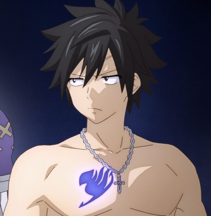 this is a closeup image of gray fullbuster from the popular anime and manga series fairy tail.  gray is shirtless, and his muscular physique is visible. he is sporting a silver chain necklace with a cross pendant.  his eyes are narrowed and have a serious expression, while his facial features are sharp and defined.  on his chest is the iconic fairy tail guild mark in blue.