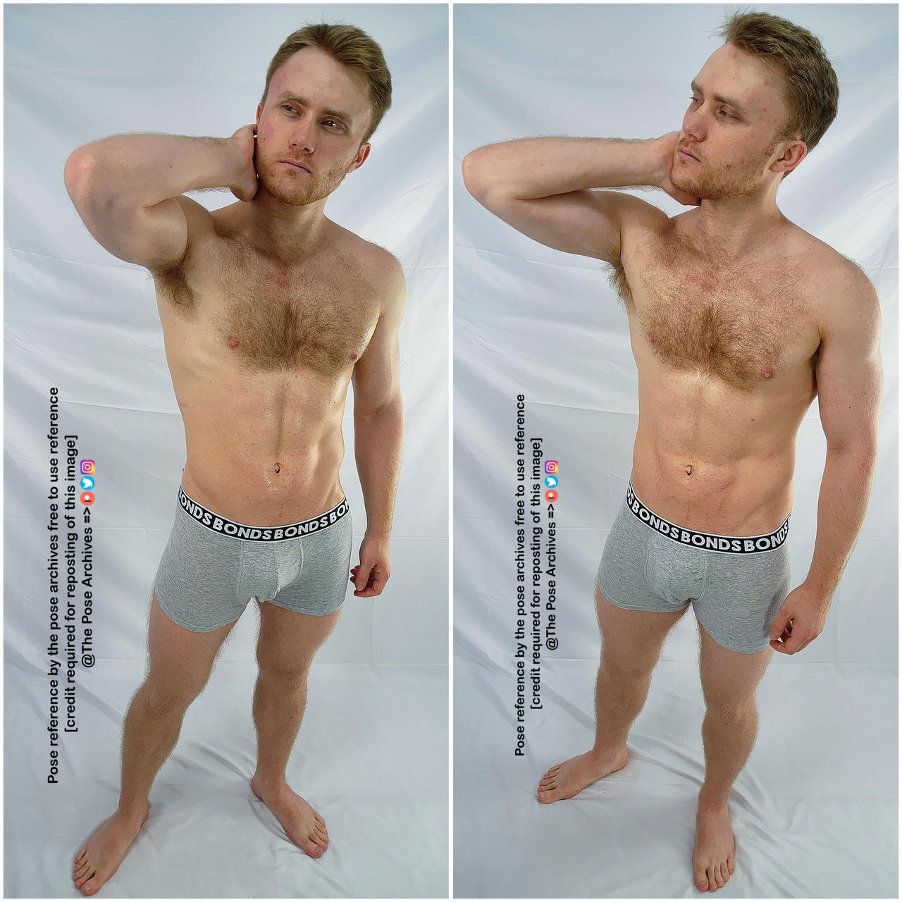 the image shows a young, fit man with short brown hair and a short beard. he's wearing gray bonds brand boxer briefs and standing in front of a plain white wall. his pose is identical in both halves of the image: he's standing with his weight slightly on his right foot, his left hand resting on the back of his neck, and his gaze directed slightly upward and to his right. the image appears to be a pose reference for artists.