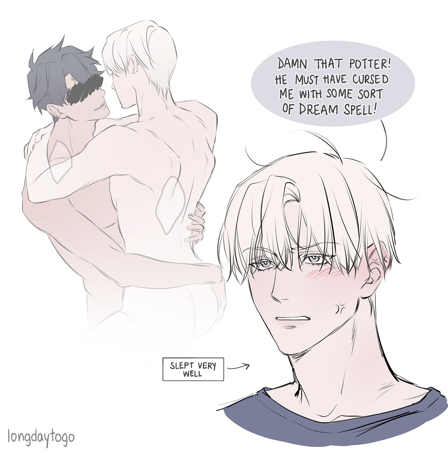 he image is a fanart depicting a yaoi couple. the first panel shows two men hugging intimately, one with dark hair and the other with light hair.  a speech bubble above them suggests that a "dream spell" might be responsible for their closeness. the second panel shows a closeup of the lighthaired man, who appears slightly flustered and embarrassed, with a speech bubble indicating that he slept well. the style is reminiscent of manga or webtoon art. the overall tone is lighthearted and romantic.