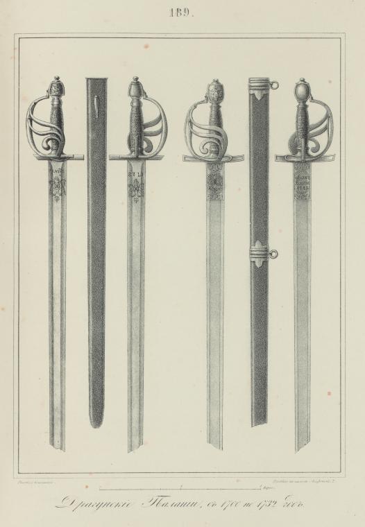 an illustration of spanish swords from around 1700 to 1732. the image features multiple swords with ornate hilts and long, straight blades. two of the swords are accompanied by their scabbards. the swords are depicted in a vertical arrangement against a plain background. the illustration has a vintage, possibly handdrawn aesthetic. the number 189 is printed at the top of the image, indicating it might be a page from a book.