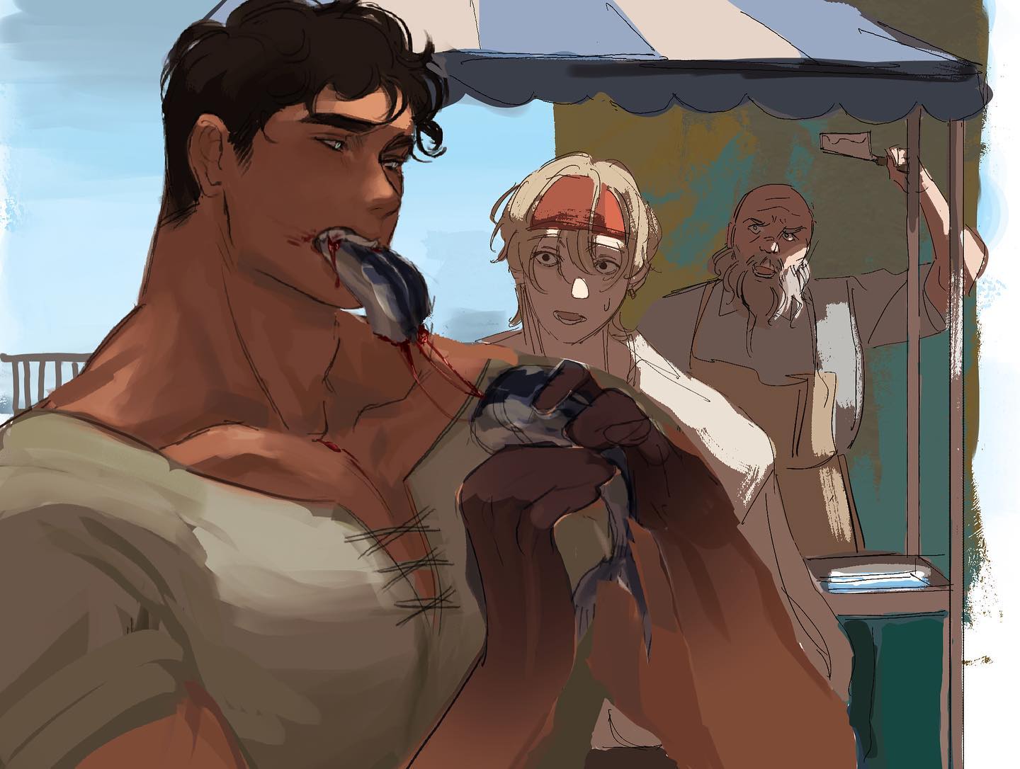 this is an illustration of three men. the man on the left is eating a fish and there is blood on his chest and face. he is wearing a light brown shirt.  the man on the right is an older man with white hair. he is wearing an apron, and holding a knife, possibly to sell fish from his food stand. the man in the center is wearing a red hat and white shirt and looks slightly nervous.  he is standing in front of the fish stand.  this is a digital illustration drawn in anime style.