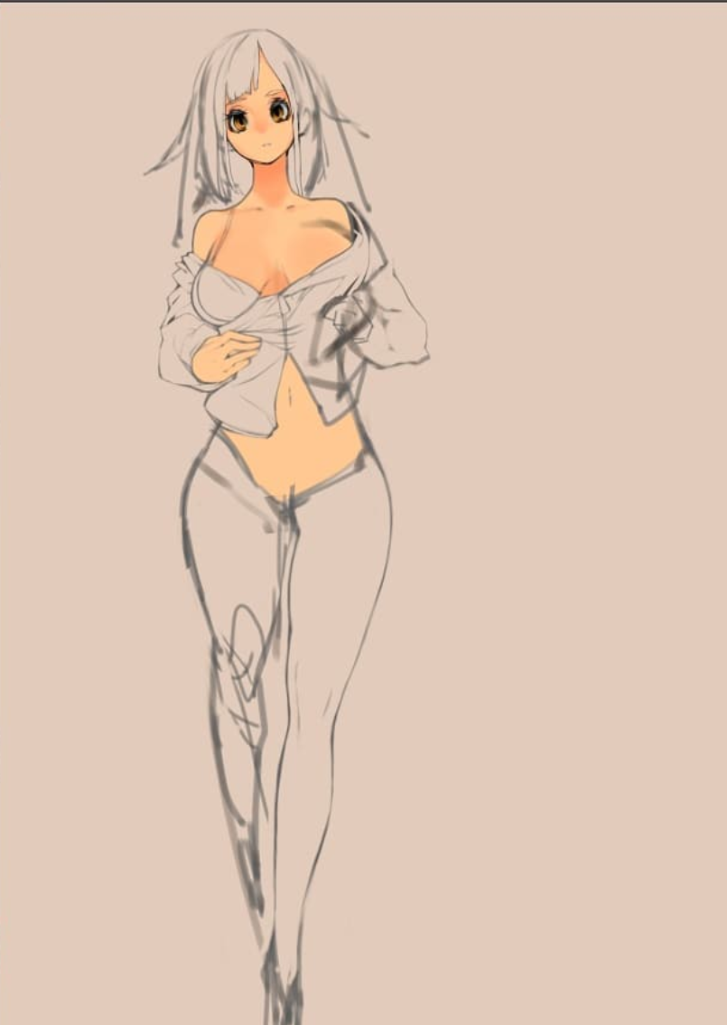 a frontview sketch of a female anime character. she is drawn with soft lighting and has white hair and is wearing a white, open shirt and tight pants. the drawing showcases her figure and has an unfinished, sketchlike aesthetic.