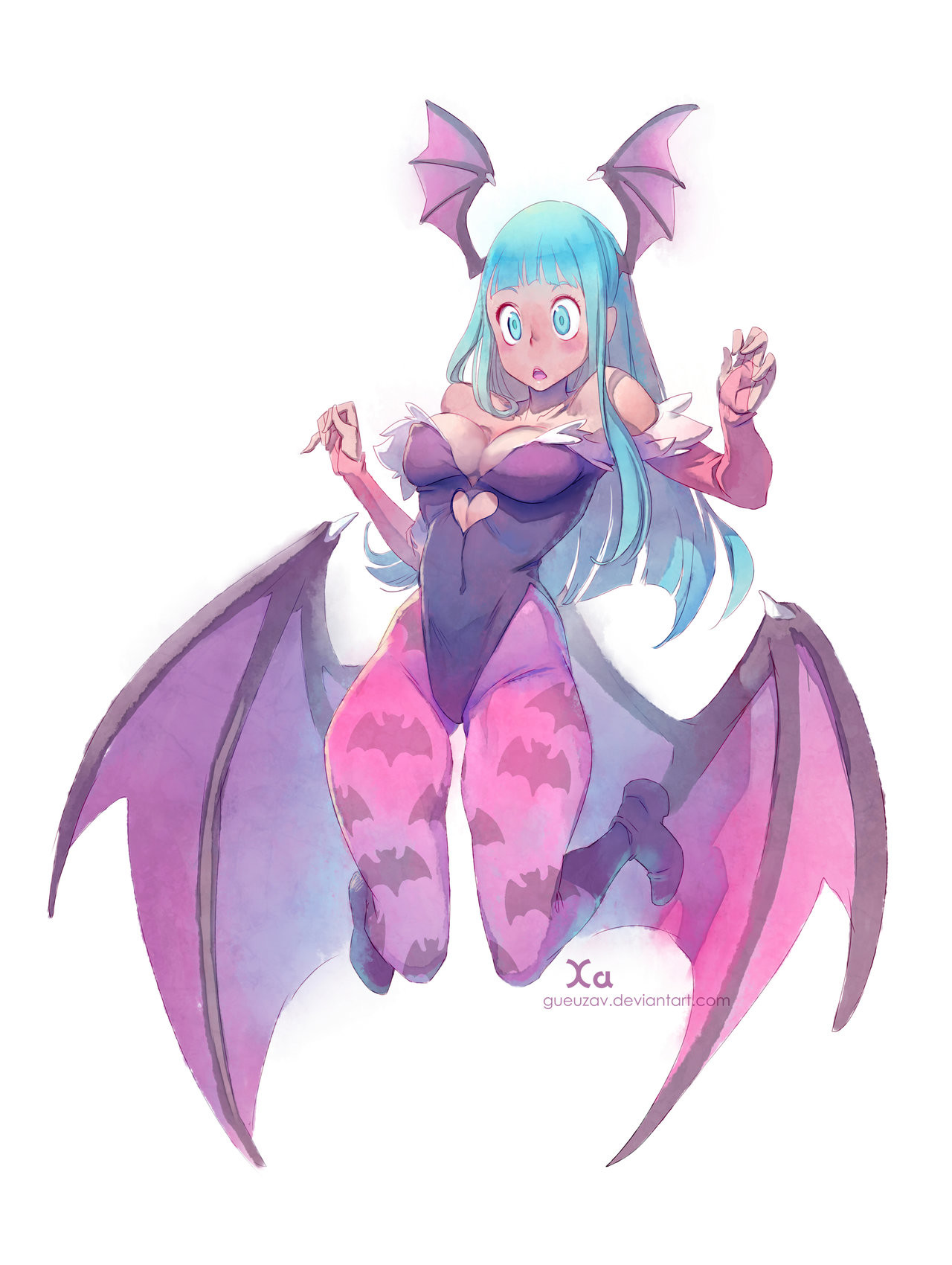 a digital illustration of morrigan aensland from the darkstalkers video game series. she is depicted as a young woman with long, flowing blue hair, wearing a purple and pink outfit with a heartshaped neckline and bat wings. she is smiling slightly and has a playful expression on her face. the background is white.