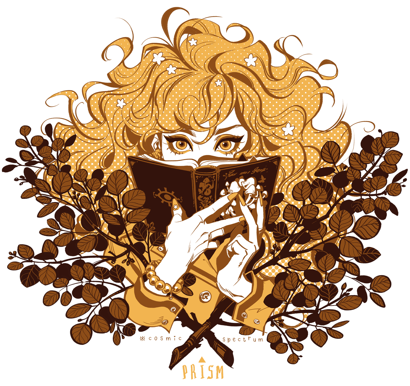 the image is a digital illustration of a young woman with long, curly blonde hair adorned with small white flowers.  she is partially obscured by a large, dark, ornate book which she holds to her face. her hands are visible, delicately holding the book. the woman appears mysterious and magical.  she is surrounded by stylized brown leaves and branches, creating a frame around her. the overall color palette is warm, with gold and brown tones dominating against a black background. the words "cosmic spectrum" and "prism" are subtly included in the design. the style is a blend of vintage, fantasy, and modern digital art techniques, with bold outlines and a slightly retro feel.