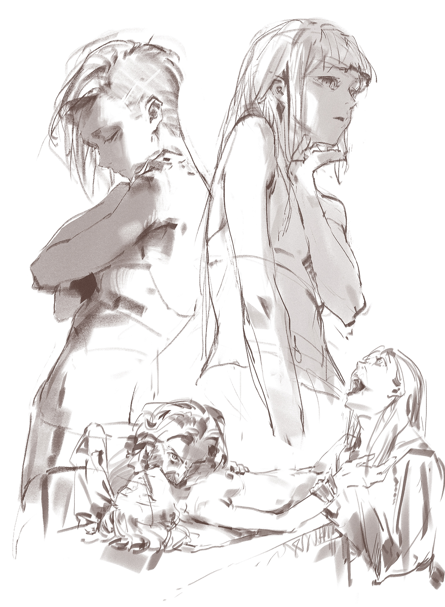 this is a pencil sketch of three women, each in a unique pose. one woman is seated with her arms wrapped around her chest and her head downcast. the other two women are standing, their poses more open and expressive. the artist has used light lines to capture the movement and form of their bodies.  the women are all dressed in loosefitting clothes, suggesting a casual and comfortable setting. the artist has created a sense of intimacy and connection between the women through their postures and gestures.