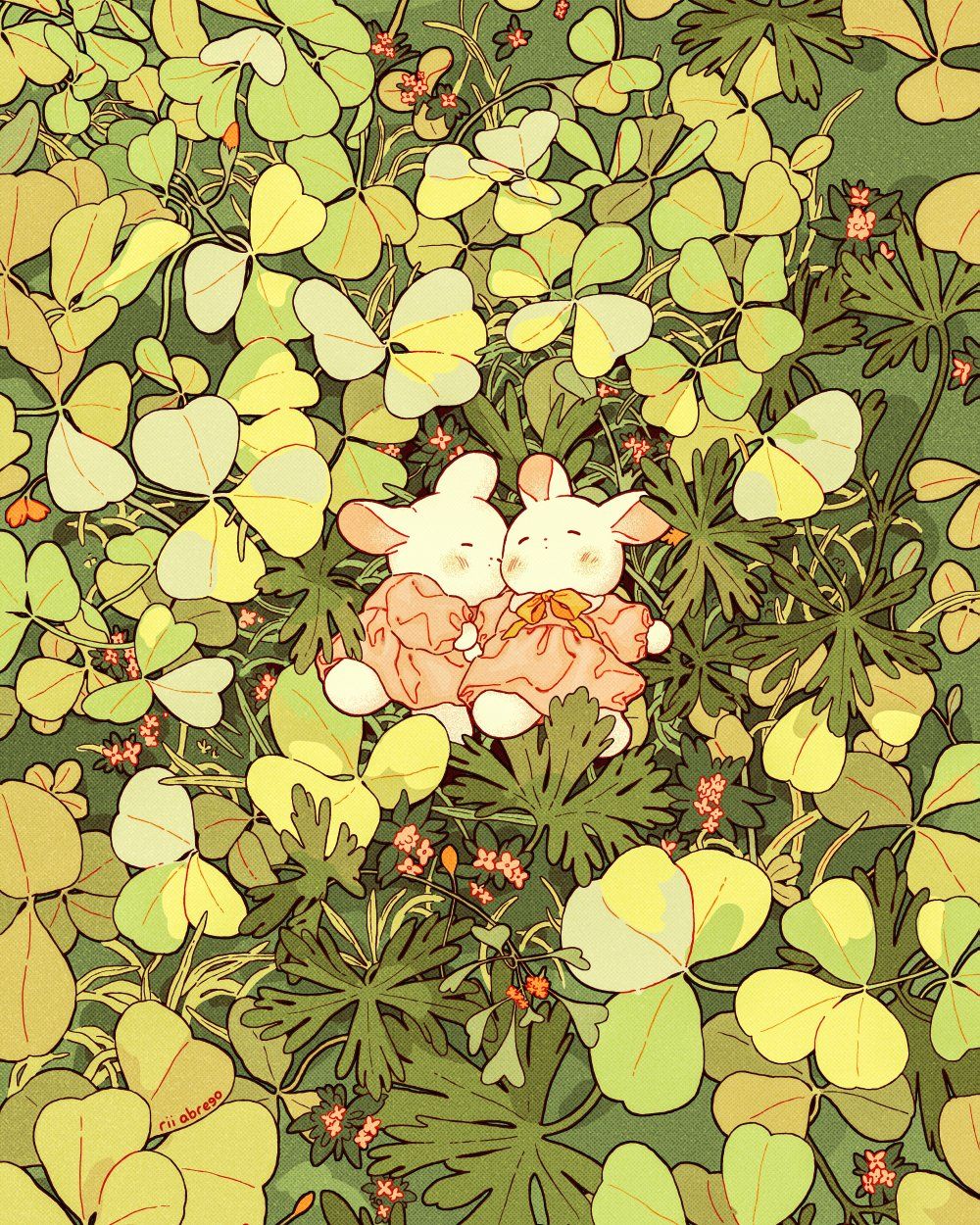 the image is a whimsical digital illustration showcasing two adorable cartoon bunnies nestled amongst a dense patch of clover and other flowering plants. the bunnies are white with light peachcolored dresses, snuggled together peacefully. the clover is predominantly green and yellowgreen, creating a soft, pastel palette.  small pink flowers are scattered throughout the foliage, enhancing the overall dreamy and peaceful atmosphere. the style is reminiscent of kawaii and anime aesthetics, with soft lines and gentle color gradients creating a heartwarming and serene scene.  the level of detail throughout the image is high, especially in the rendering of the plants.