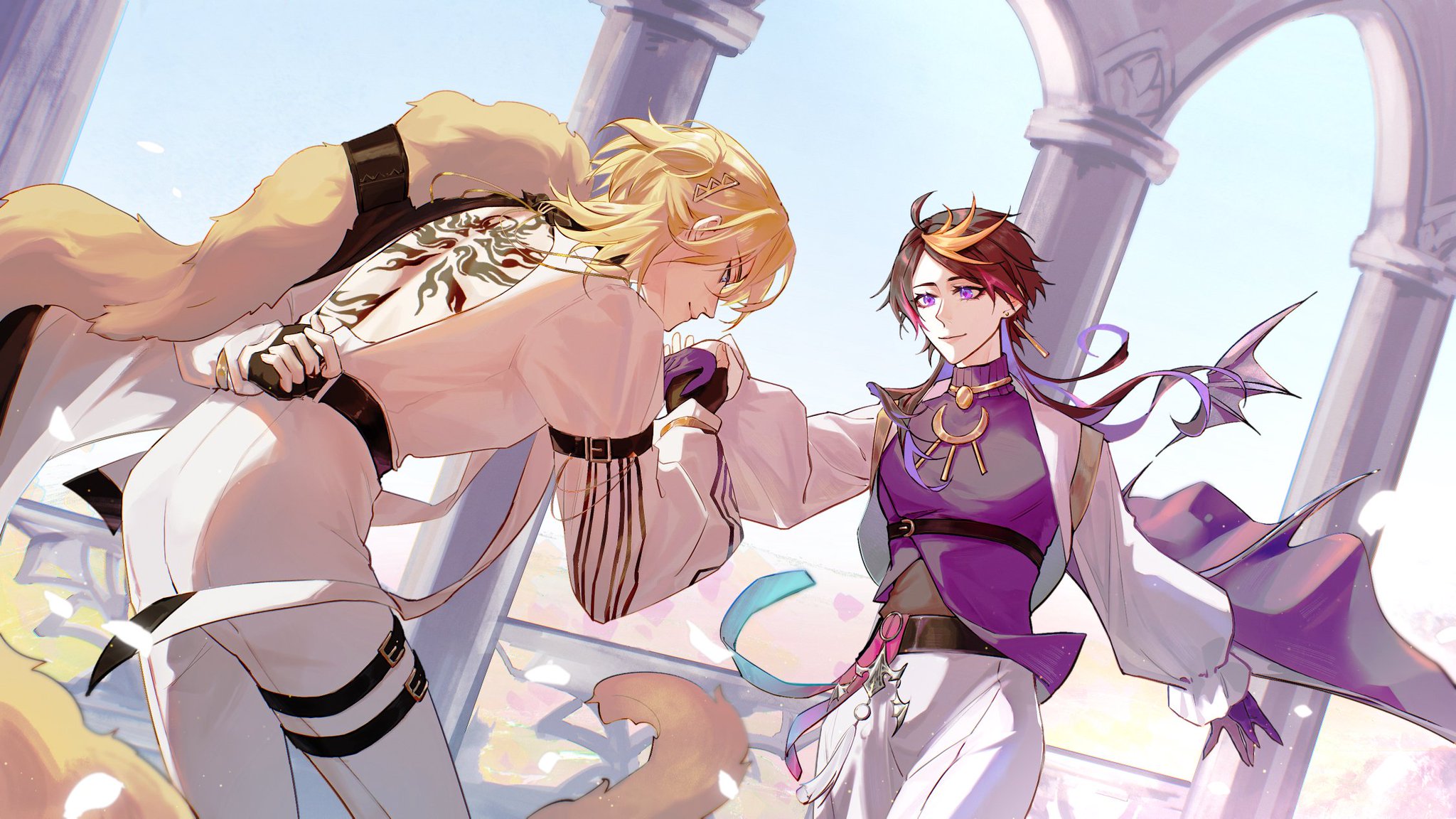 this anime illustration depicts a romantic scene between two male characters. the one in the white outfit is bending down to the other, who is wearing purple and white and has purple wings. they are surrounded by flowers and a bright, sunny sky. the overall tone is romantic and loving.