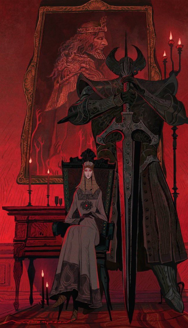 the painting depicts a queen sitting on a throne, with a knight standing behind her.  the knight is wielding a large, sharp sword. the queen is wearing a white gown with gold trim and the knight is wearing dark armor.  behind the queen and knight is a portrait of a king with a red and gold crown and a dark beard.  the background is red, and candles illuminate the scene.  the overall tone of the painting is dark and ominous.