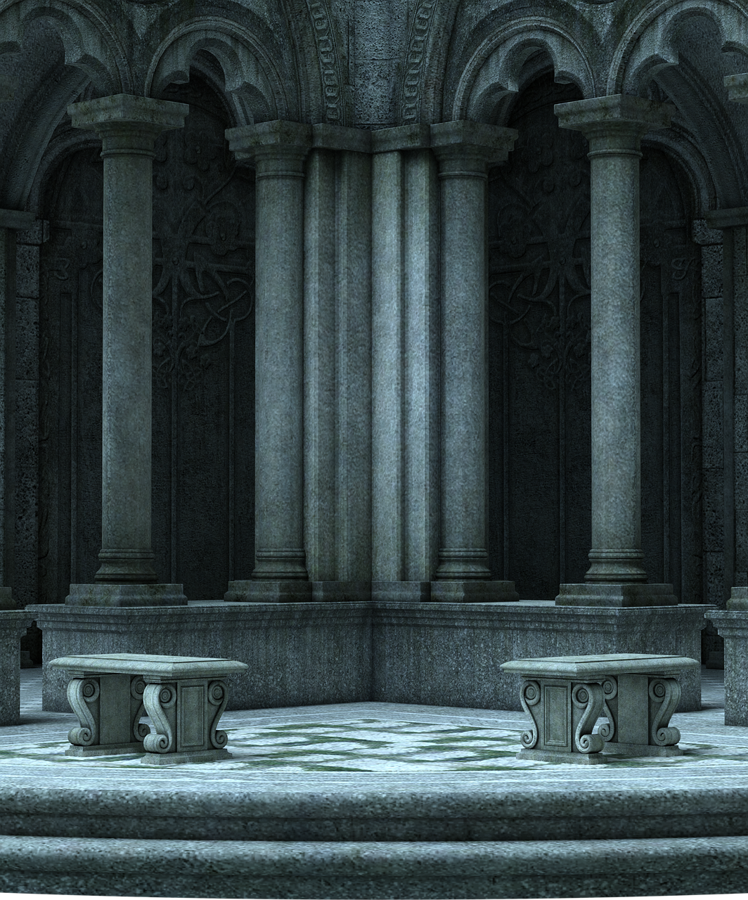 the image depicts a gothicstyle stone structure with arches, pillars, and ornate columns. there are stone benches in the foreground on a weathered stone floor. the scene appears to be an interior courtyard, perhaps part of an ancient ruin or fantasy building. the overall tone is dark, gray, and slightly mossy, suggesting age and decay.