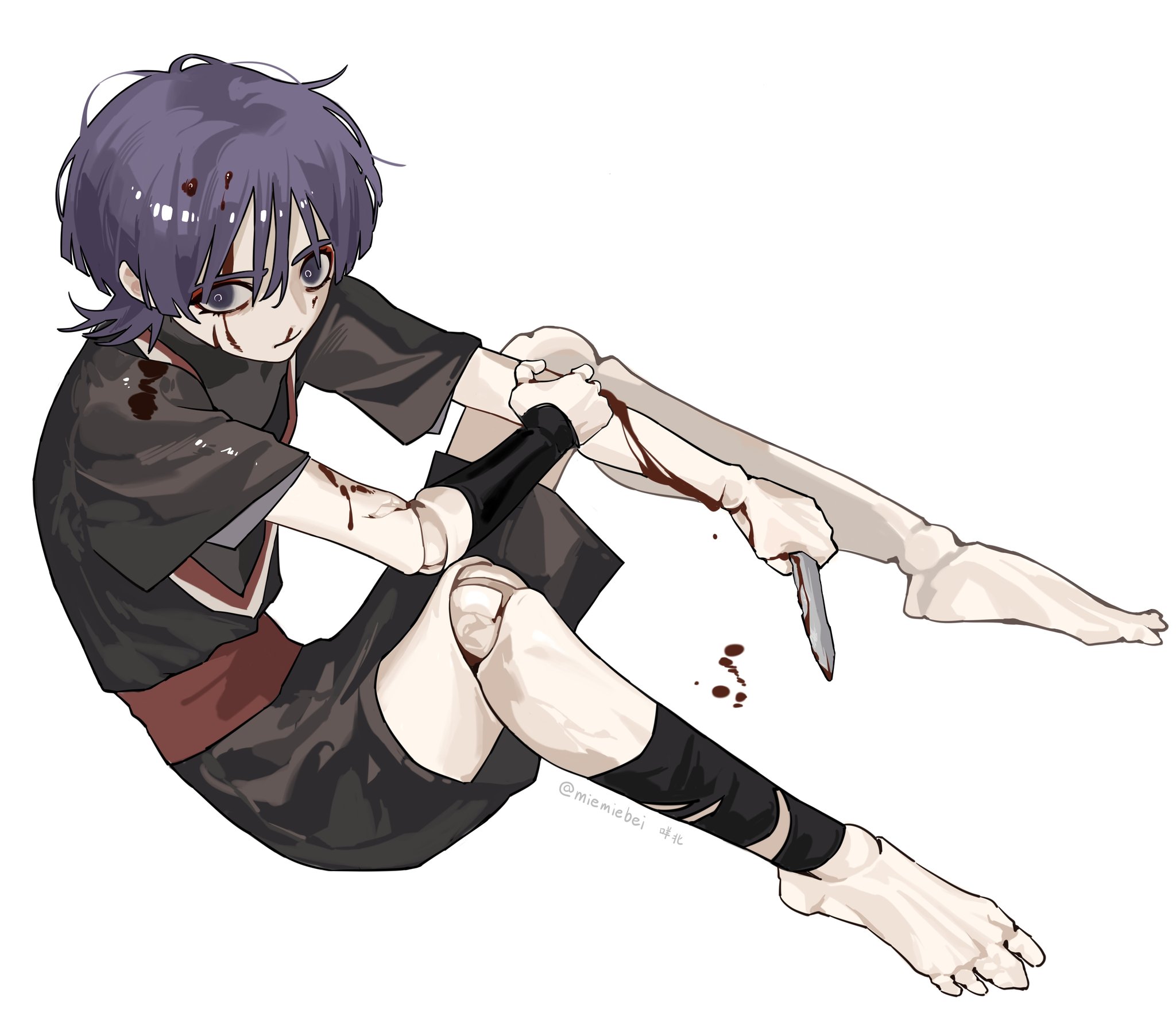 an animestyle image of a girl with purple hair sitting on a white background. she is holding a knife in her hand and there is blood on her clothes and skin. she appears to be a doll with visible bones.  the image has a dark and macabre tone.