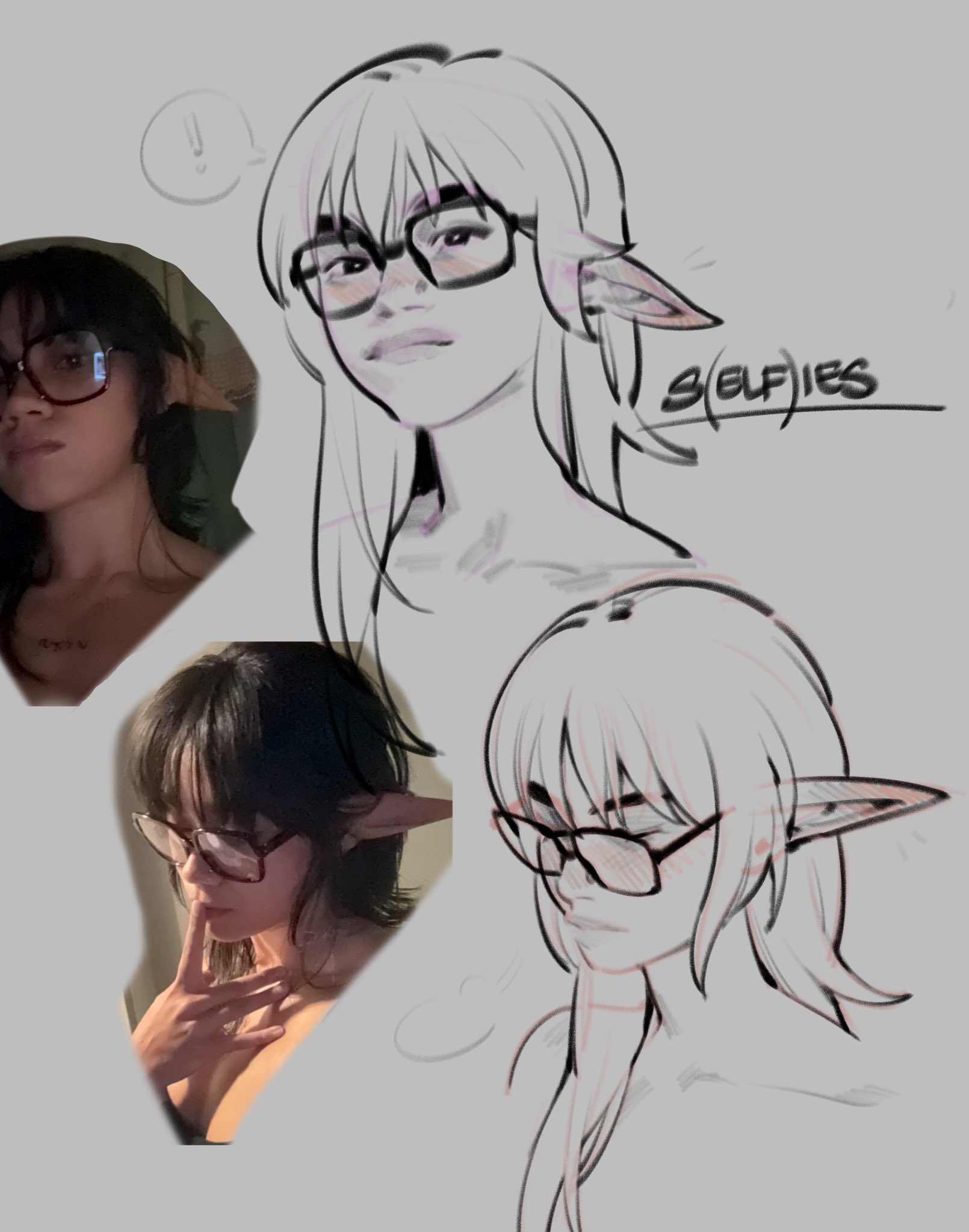 this image shows a drawing of a girl who has elf ears. the drawing is made up of lines and shading. there are three drawings of the girl's face. the bottom two drawings show the girl with long hair and the top drawing shows the girl with short hair. all three drawings are done in a different style. the drawing on the top is more cartoonish, the middle drawing is more realistic, and the bottom drawing is more stylized. the image is framed with a white background.