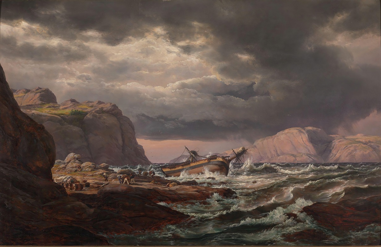 the painting depicts a dramatic seascape featuring a shipwrecked vessel along a rocky coastline during a storm. the ship is situated in the middle ground, battered by turbulent waves. on the left, figures of men are visible on the shore, some unloading barrels, suggesting a salvage operation. the foreground is dominated by dark, rocky formations, while cliffs rise in the background on both sides. the sky is filled with ominous, dark clouds, contributing to the stormy atmosphere. the overall tone is one of peril and the struggle against the forces of nature.