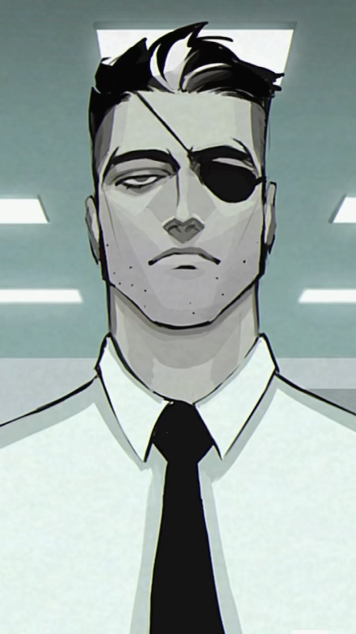 he image is a stylized portrait illustration of a man. he appears to be a businessman or someone in a position of authority, wearing a crisp white shirt and a black tie.  he has an eyepatch covering his right eye, and his expression is serious and somewhat stern. the art style is clean and modern, with a grayscale palette that emphasizes the character's features and expression. the background is a simple, muted color, drawing focus to the subject. the overall mood is one of quiet confidence and potentially hidden intensity.