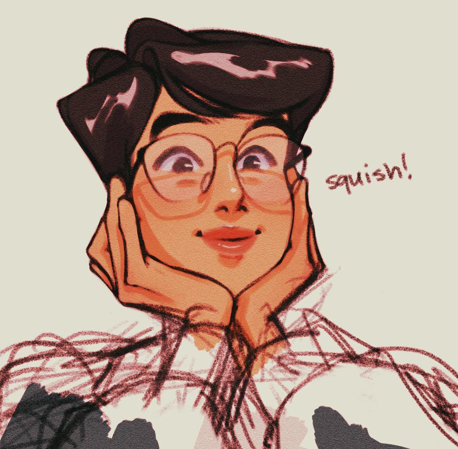 a digital portrait of a smiling cartoon character with glasses, resting their face in their hands. the style is sketchy and illustrative, with the word "squish!" written beside the character.