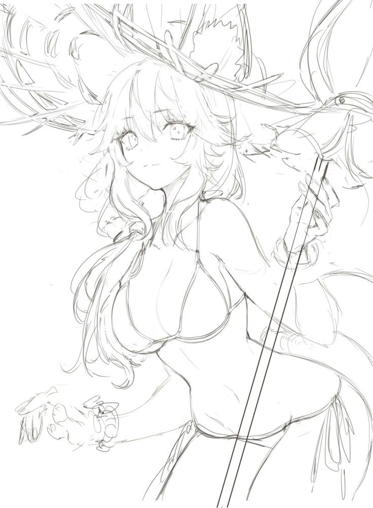 the image is a pencil sketch of an animestyle female character. she has long, flowing blonde hair, is wearing a large, ornate hat, a bikini top and bottom, and is holding a long staff or weapon.  the style is light and ethereal, with a focus on delicate lines and suggestive shading. the drawing appears to be a work in progress, with some lines lighter and less defined than others, indicating the artist may be in the sketching phase rather than the final rendering stage. the overall impression is a whimsical and elegant character design.