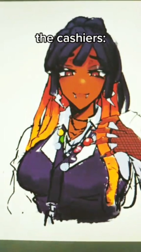 he image is a stylized drawing of an animestyle girl who appears to be a cashier. she has dark skin, dark hair with orange streaks, and is wearing a purple shirt. she has several piercings and what appear to be claws on her fingers. the drawing style is expressive and somewhat loose, with visible brushstrokes. the text "the cashiers:" is overlaid on the image.
