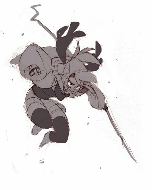 a rough sketch of an anime girl in a fighting pose, holding a spear and lunging forward. the drawing is done in a gray scale color palette with loose lines and shading.