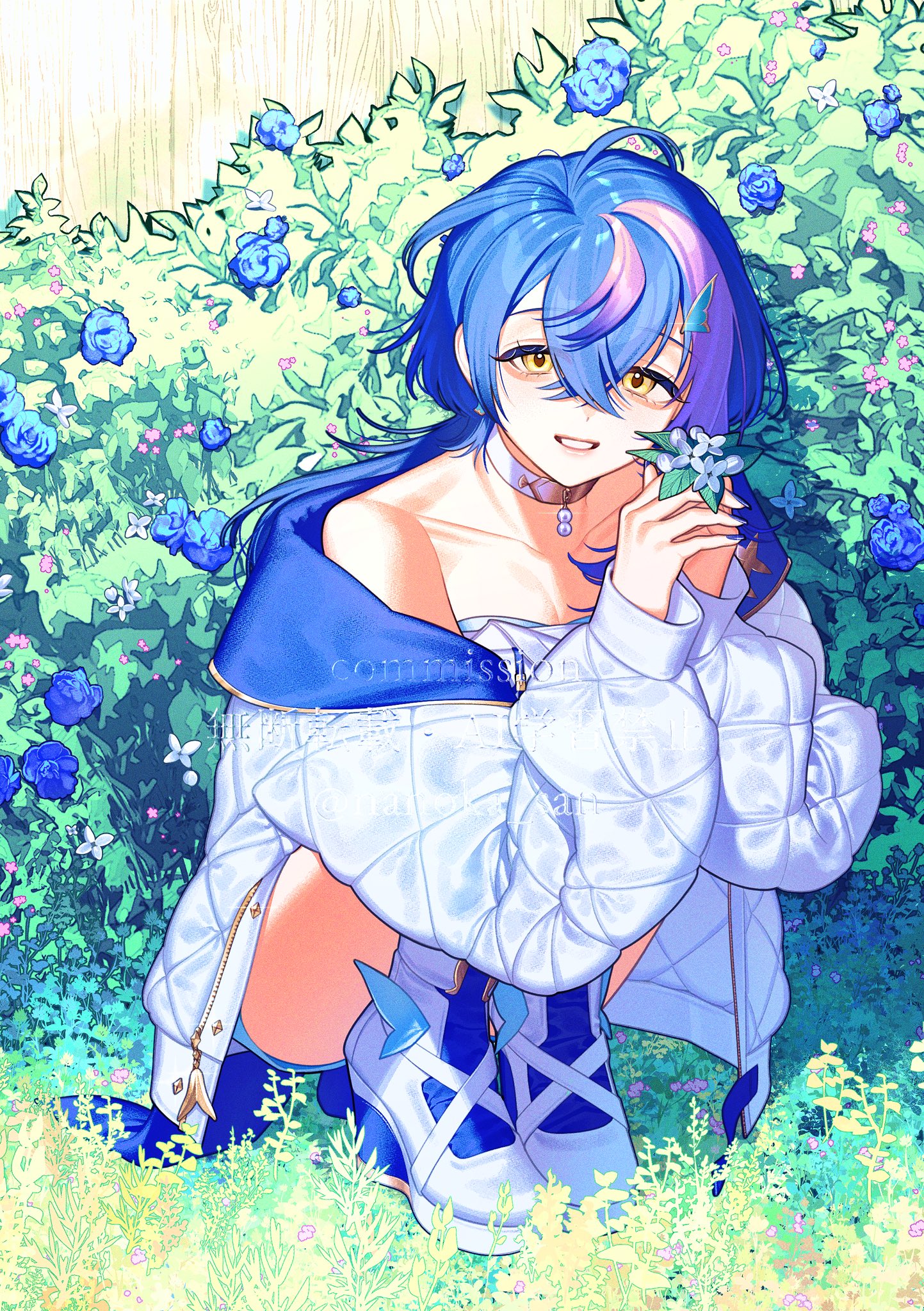 the image is a digital drawing or painting of an animestyle girl with vibrant blue and pink hair. she is sitting in a field of blue flowers and green plants. she is wearing a light blue and white quilted jacket and blue and white shoes with laces. she is smiling and holding a small white flower. the overall style is pastel and whimsical, with bright colors and a light, airy feel. the background is filled with a variety of blue flowers and green leaves. the character's expression is peaceful and serene, and she appears to be content in her surroundings. the image is welllit, creating a cheerful and hopeful atmosphere. the art style suggests a fantasy or magical setting, with the character and her surroundings looking unrealistically perfect.